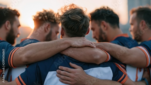 Sports team players embracing in a huddle against a sunset sky