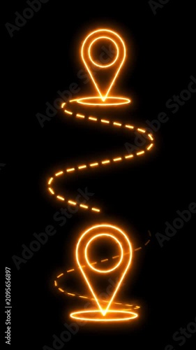 Glowing orange map location pin icons on black background