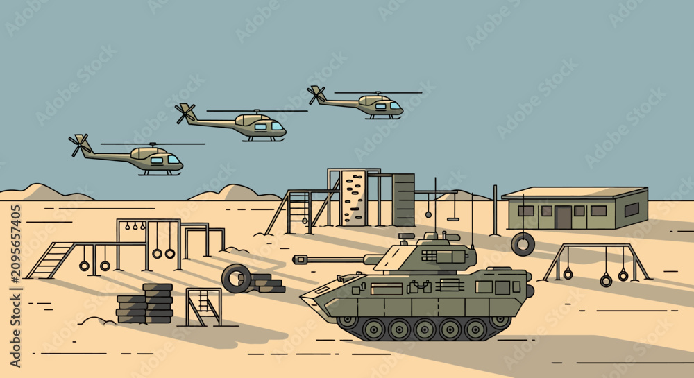 Fototapeta premium Military Scene: Tank, Helicopters, and Playground Illustration