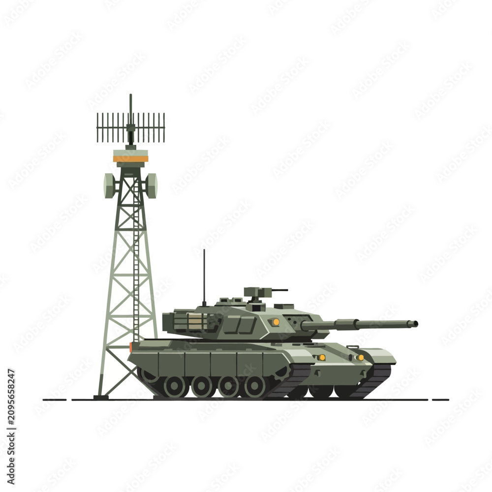 Fototapeta premium Military Tank and Communication Tower Illustration on White
