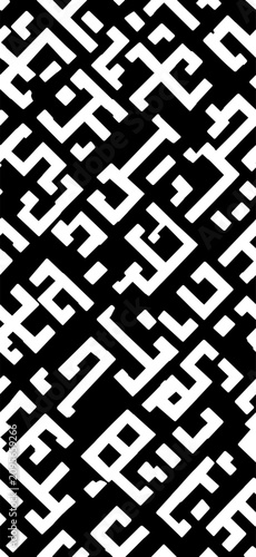Abstract tileable pattern forming a maze-like structure. Black and white geometric labyrinth pattern background