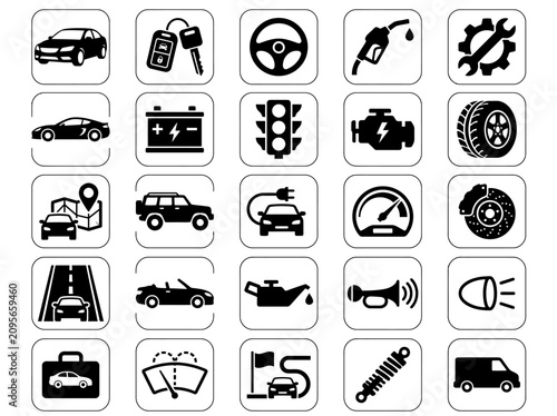 Car Icons Set: Auto Service, Repair, Driving and Transport Symbols