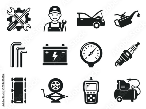 Car Repair and Maintenance Icons: Mechanic, Tools, Auto Parts, Diagnostics