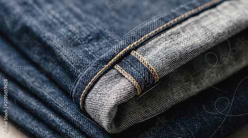 Detailed view of blue denim fabric hem and stitching. Modern industrial aesthetic with subtle graphic overlays. Ideal for fashion design or textile manufacturing content.