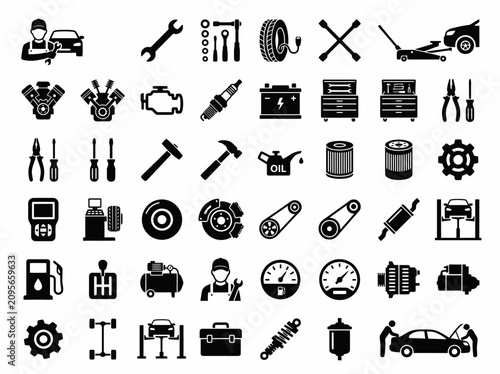 Car Repair Icons: Mechanic Tools, Parts, and Automotive Service Set