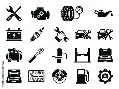 Car Repair Icons Set: Tools, Engine, Tire, Battery, Oil, Mechanic Service