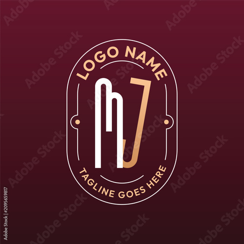 MJ Letter Logo Monogram, Letter MJ Logo Design Elegant Burgundy Rose Gold Oval Badge Template