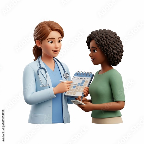 3D render of a female doctor explaining a medical schedule to a patient.