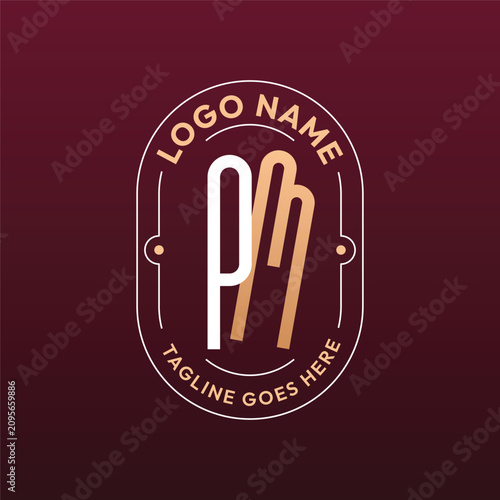 PM Letter Logo Monogram, Letter PM Logo Design Elegant Burgundy Rose Gold Oval Badge Template