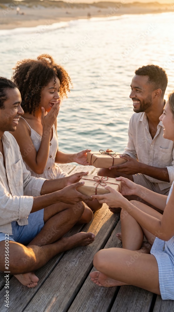 Fototapeta premium Friends exchange gifts on wooden pier by ocean. Joyful sunset gathering captures celebration and friendship. Ideal for travel, lifestyle, or holiday marketing.