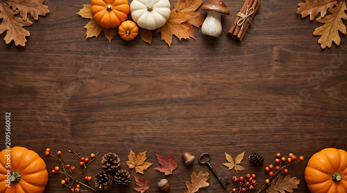Autumn harvest decor on rustic wood background
