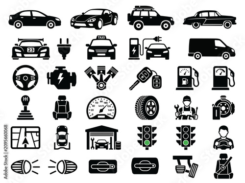 Car Icons and Symbols: Auto Parts, Driving, and Transportation Collection
