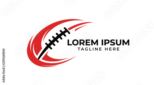 Minimalist american football logo design featuring bold red swoosh shapes and clean black stitching lines
