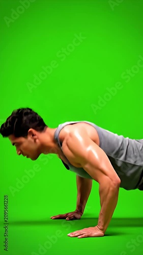 Man performing floor push-ups on green screen.