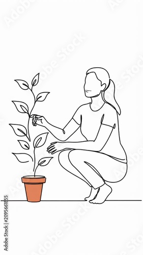 Minimalist continuous line drawing of person near flower pot.