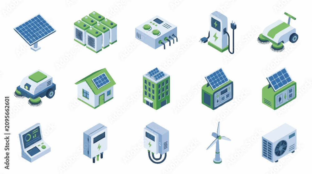 Fototapeta premium Renewable energy technology and green infrastructure icons.