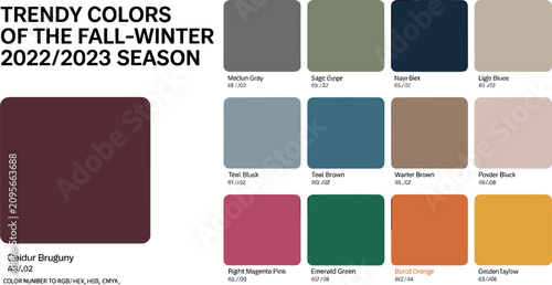 Trendy autumn winter color palette vector guide chart with swatches names codes for fashion interior design