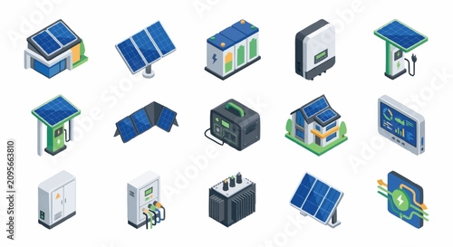 фотографія Isometric Solar Energy Technology Icons Set.