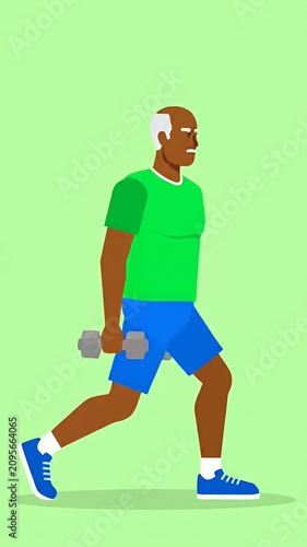 Senior man walking while carrying hand dumbbells