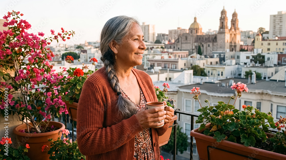 Fototapeta premium Senior woman balcony garden city lifestyle retirement flowers relaxation wellness enjoying a warm drink among plants outdoors for urban gardening promotions living content and active aging campaigns