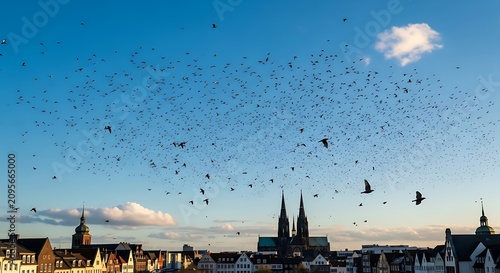Stunning flock of birds flying over historic city skyline.