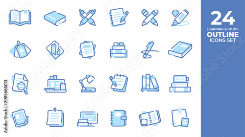 24 Learning & Study Outline Icons Set – Education, Books, School Supplies, Writing, Notebook and Stationery Line Icon Collection