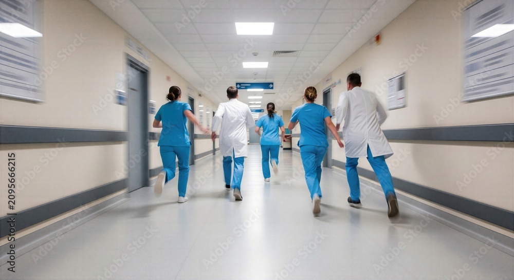 Fototapeta premium Busy doctors and woman nurses running through hospital hallway expressing urgency emergency response time pressure teamwork and nonstop intensity of modern healthcare environment