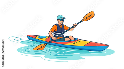 Man kayaking on blue water, summer outdoor activity, vibrant kayak