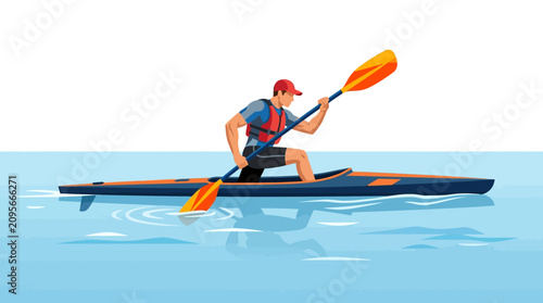 Man kayaking on calm blue water, outdoor water sport, active lifestyle, vector illustration