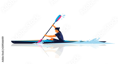 Kayaker paddling swiftly through blue water, dynamic sport vector illustration.