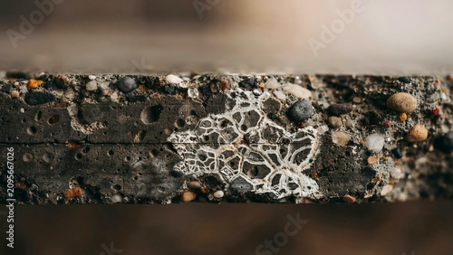 Macro view of weathered concrete slab featuring complex white mineral crystallization patterns trapped within dark gray stone composite structure exhibiting unique geological textural detail.