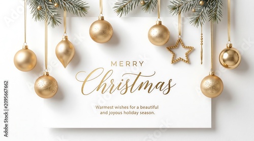 Merry Christmas Greeting Card with Elegant Gold Ornaments