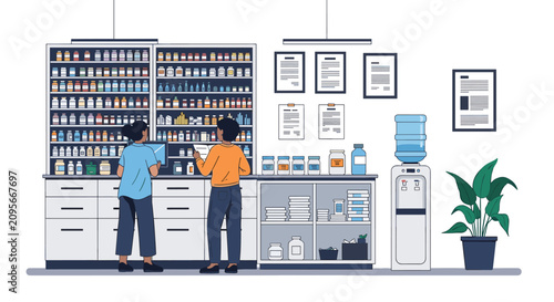 Two pharmacists in a modern pharmacy organizing shelves packed with various medicine bottles and pill jars.