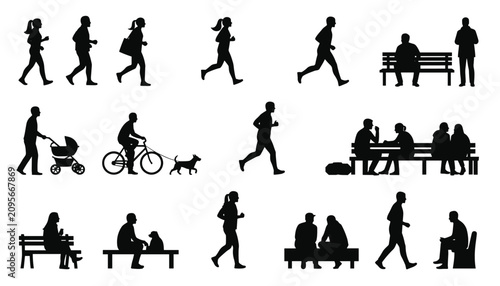 Public park scene silhouette icons showing exercise recreation and social gathering activities.