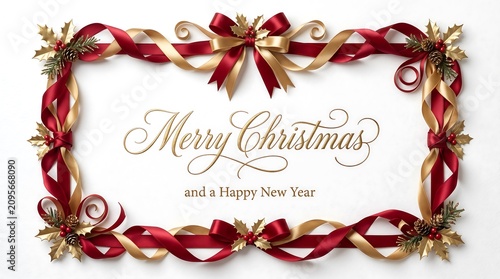Elegant Merry Christmas Frame with Red and Gold Ribbons