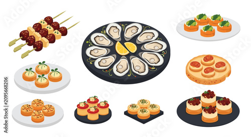 Exquisite collection of gourmet party appetizers including fresh oysters, grilled meat skewers, and canapes.
