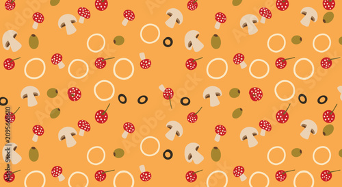 Colorful seamless background pattern of classic pizza ingredients on a warm bright orange background.
