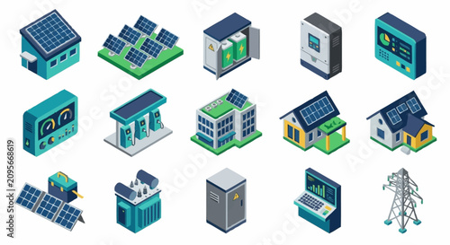 Bild auf Leinwand Isometric Solar Energy Buildings and Technology Icons.