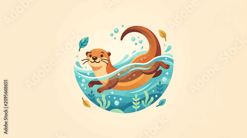 Tableau sur toile Otter swimming in water circle.