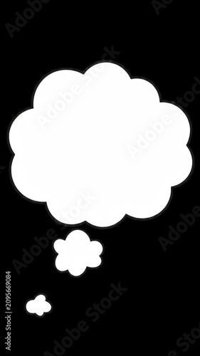 White thought bubble icon on solid black background.