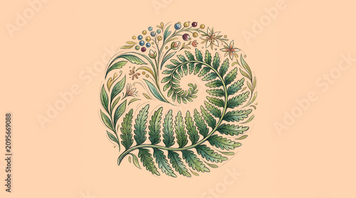 Schilderij op canvas Spiral green leafy plant fossil formation.