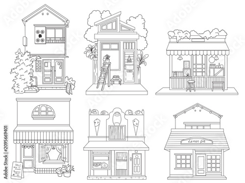 Collection of miniature building facades, cafes, and shop vector line art. Charming black and white architectural doodles, ideal for coloring book pages, posters, and creative design.