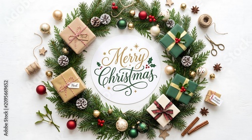 Merry Christmas text inside festive evergreen wreath with gift boxes