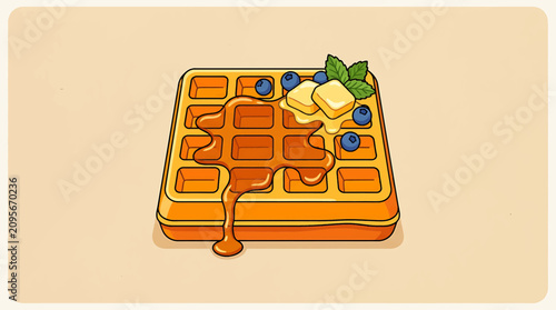 Fotografija Syrup Pouring on Waffle with Butter.