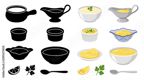 Set of Hollandaise Sauce Vector Illustrations in Elegant Bowls, Gravy Boats and Sauce Dishes with Gourmet Garnishes, Isolated on White Background