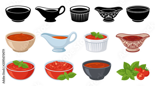 Set of Tomato Sauce Vector Illustrations in Elegant Bowls, Gravy Boats and Sauce Dishes with Gourmet Garnishes, Isolated on White Background
