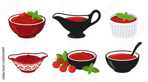 Collection of Tomato Sauce Vector Illustrations in Elegant Bowls, Gravy Boats and Sauce Dishes with Gourmet Garnishes, Isolated on White Background
