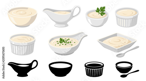 Collection of Béchamel Sauce Vector Illustrations in Elegant Bowls, Gravy Boats and Sauce Dishes with Gourmet Garnishes, Isolated on White Background