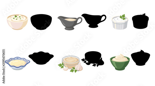 Collection of Garlic Sauce Vector Illustrations in Elegant Bowls, Gravy Boats and Sauce Dishes with Fresh Garlic Garnishes, Isolated on White Background