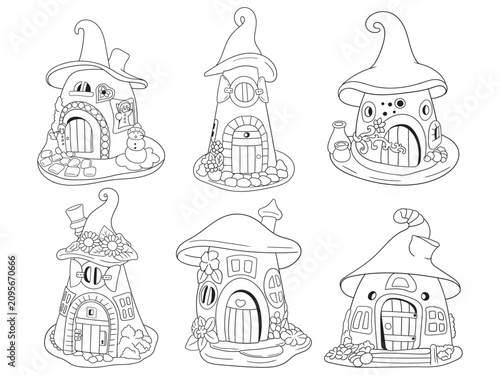 Cute fairytale cottages and fantasy witch house vector line art collection. Detailed black and white architectural doodles, ideal for coloring book pages, crafts, and Halloween design.